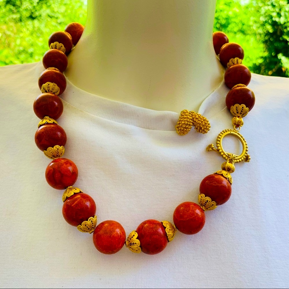 Large size red real Coral balls Necklace & Gold tone real silver Earrings 3 Pc